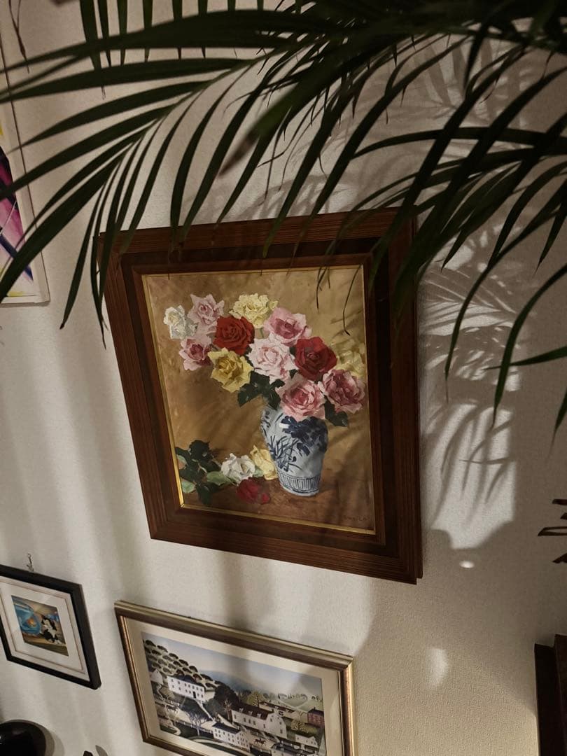 (14) 真作　関川富士郎　直筆サイン入　油彩　絵画　薔薇　アンティーク