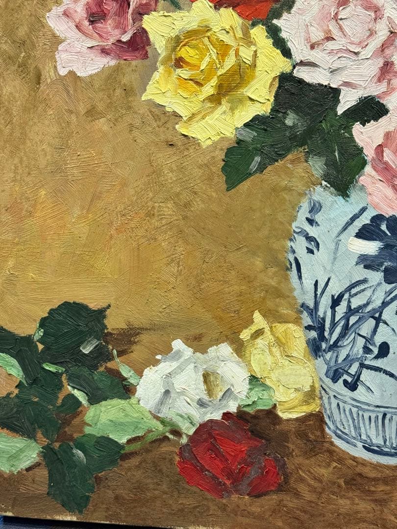 (14) 真作　関川富士郎　直筆サイン入　油彩　絵画　薔薇　アンティーク