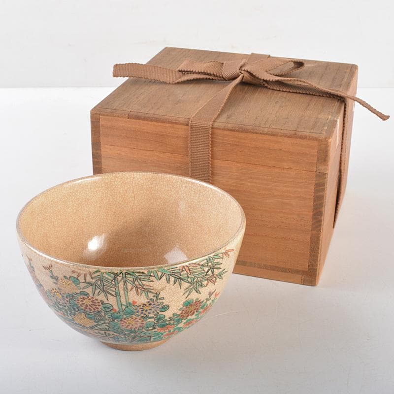 茶道具　京焼　野々村仁清作　色絵　竹下群花文　茶碗　時代箱付　M　R5269