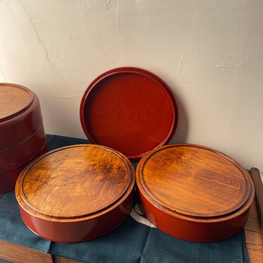 木製　漆器　丸型　重箱　5段重　朱塗り　四国塗　後藤塗　寿司桶　蓋物　日本製