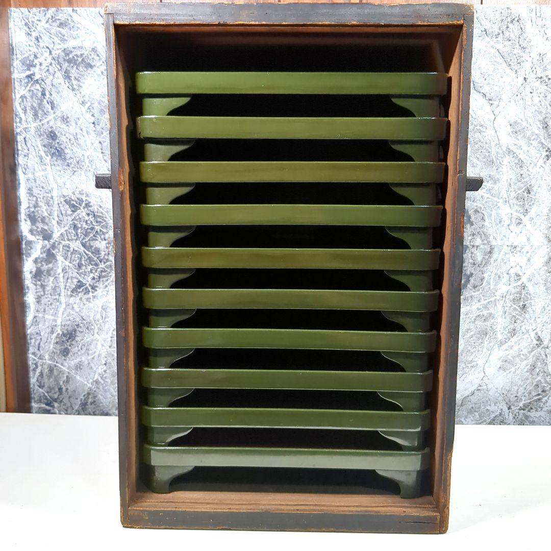 木製 漆器 緑内朱 脚付会席膳 10客セット 江戸時代後期 骨董品 黒漆木箱付き