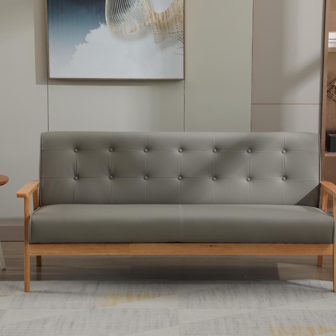 【新品】3人掛けPVCレザーソファ 天然木肘付き 高級感