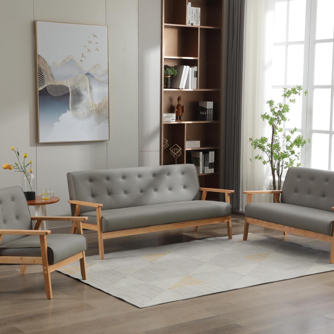 【新品】3人掛けPVCレザーソファ 天然木肘付き 高級感