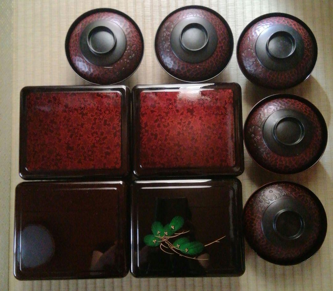 一*子様 うな重箱　お吸い物碗　セット　山中漆器　土用丑の日　鎌倉彫　松　もみじ