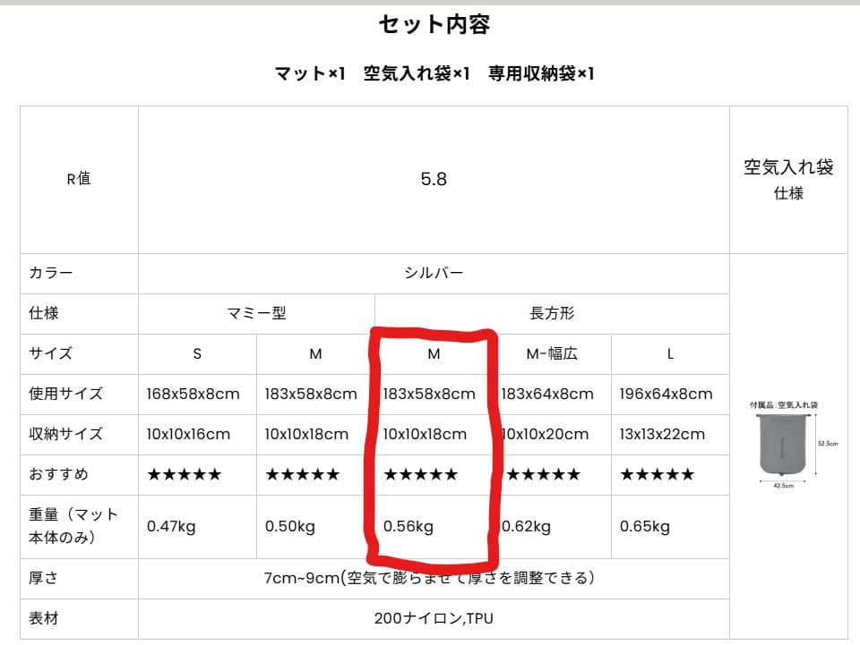 Naturehike スリーピングマット 長方形Mサイズ R値5.8