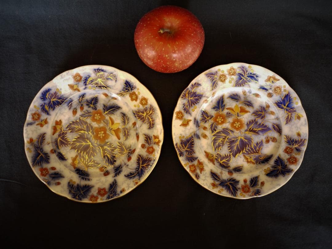 印判中皿2枚　FLOWBLUE　赤絵金彩　花唐草文様　ベロ藍伊万里　銅版転写染付