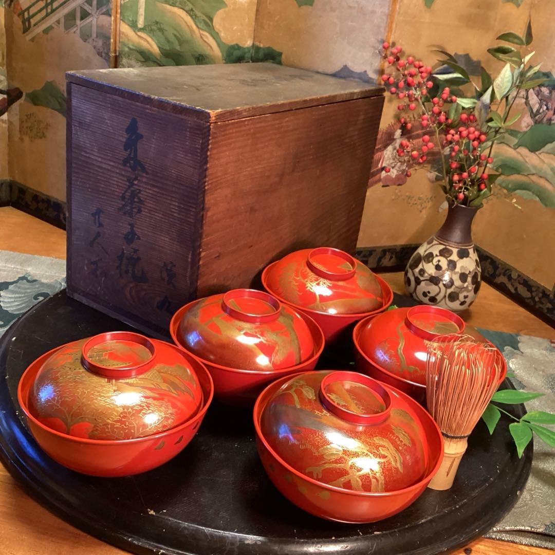 A902木製輪島塗　懐石道具　赤　古典風景蒔絵　　『塗師銘仁左衛門』　５客