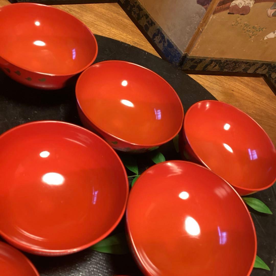 A902木製輪島塗　懐石道具　赤　古典風景蒔絵　　『塗師銘仁左衛門』　５客