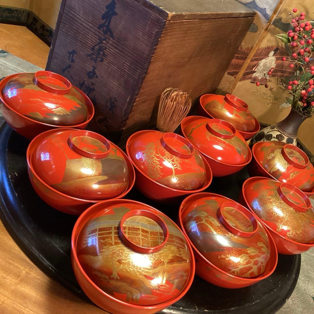 A902木製輪島塗　懐石道具　赤　古典風景蒔絵　　『塗師銘仁左衛門』　５客