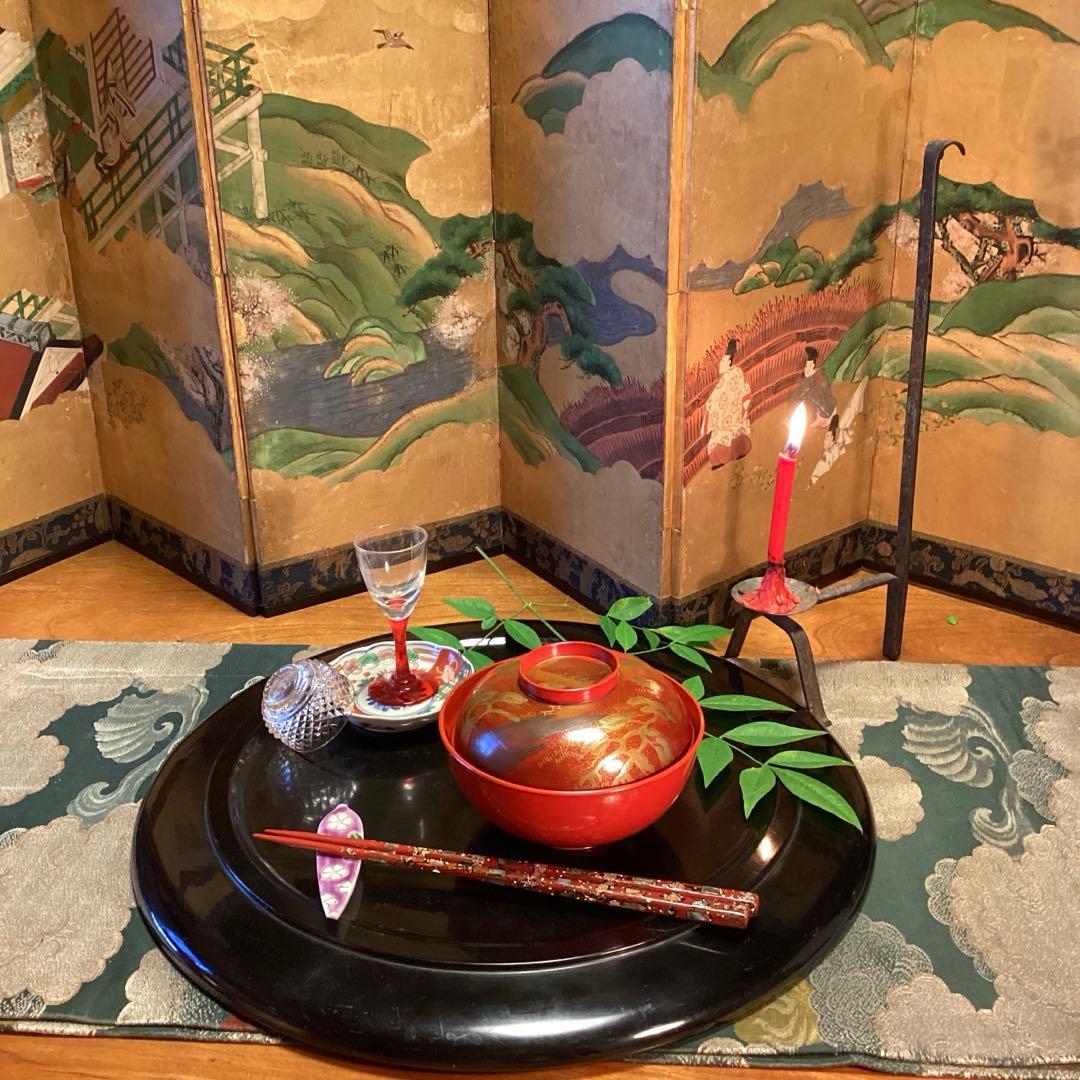 A902木製輪島塗　懐石道具　赤　古典風景蒔絵　　『塗師銘仁左衛門』　５客