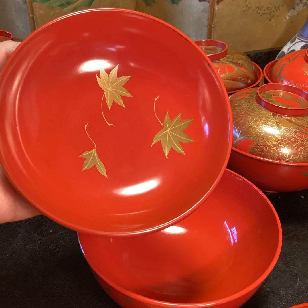 A902木製輪島塗　懐石道具　赤　古典風景蒔絵　　『塗師銘仁左衛門』　５客