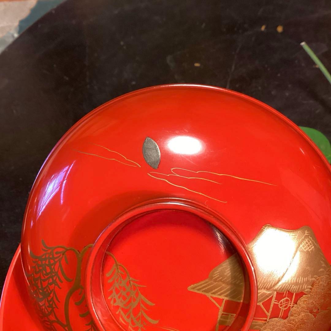 A902木製輪島塗　懐石道具　赤　古典風景蒔絵　　『塗師銘仁左衛門』　５客