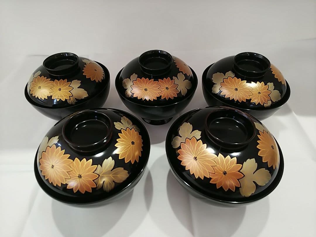 【未使用品】本うるし塗り 天然木加工品 蒔絵 蓋付き 木乾 もくかんしつ 5客