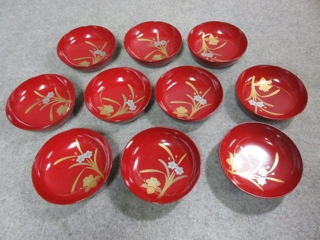 朱塗蒔絵花模様木皿10枚 [B25358]