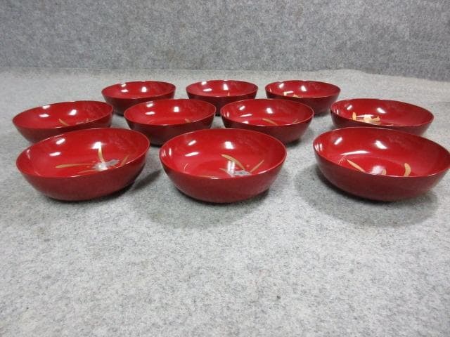 朱塗蒔絵花模様木皿10枚 [B25358]