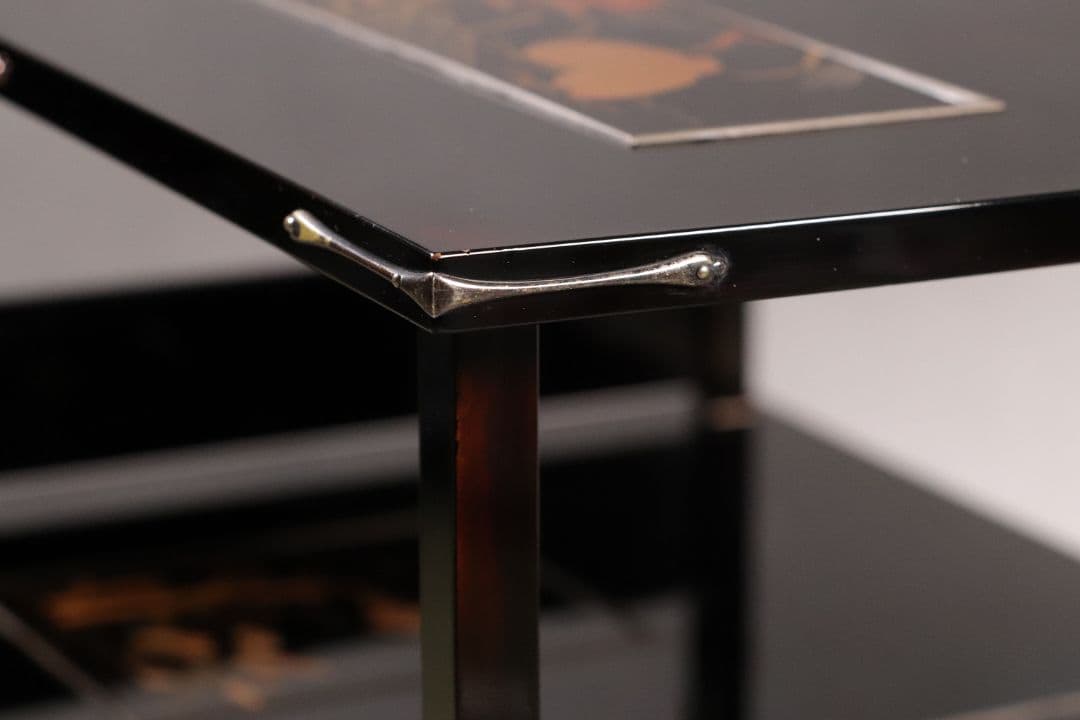 時代 花鳥図 金蒔絵 黒塗二段卓 冠卓 木箱 木製 花台 飾台 鶉 雀 M840