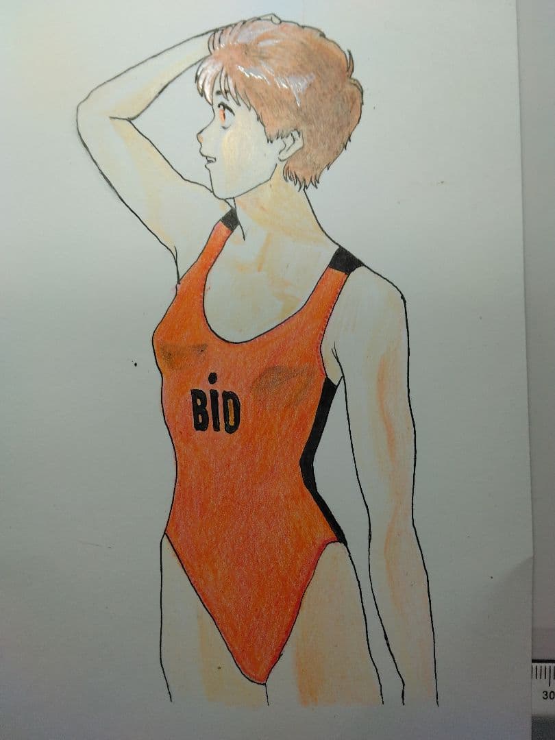 オレンジ色の水着の人物画