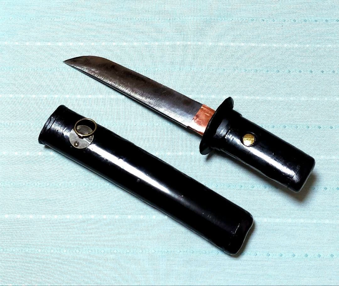 日本刀残欠カスタムナイフ　玉鋼　　黒光沢　和風装飾仕上げ　御守 工作