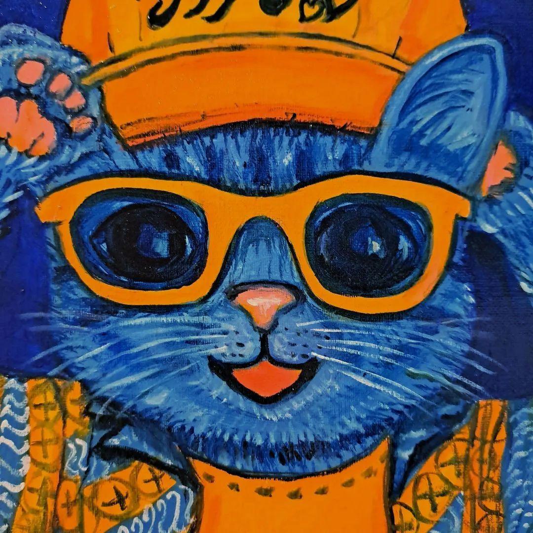 キャンバス油絵　AP♡ AYUちゃんグッズを身に着けた男の子猫