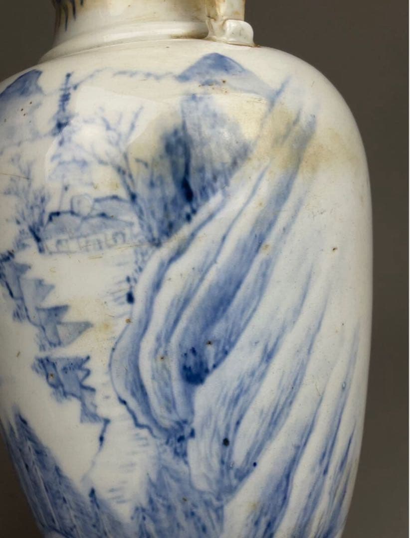 平戸焼 耳付花瓶 双耳 染付 飾壺 茲朗窯 山水図 本時代 希少品 白磁 花器