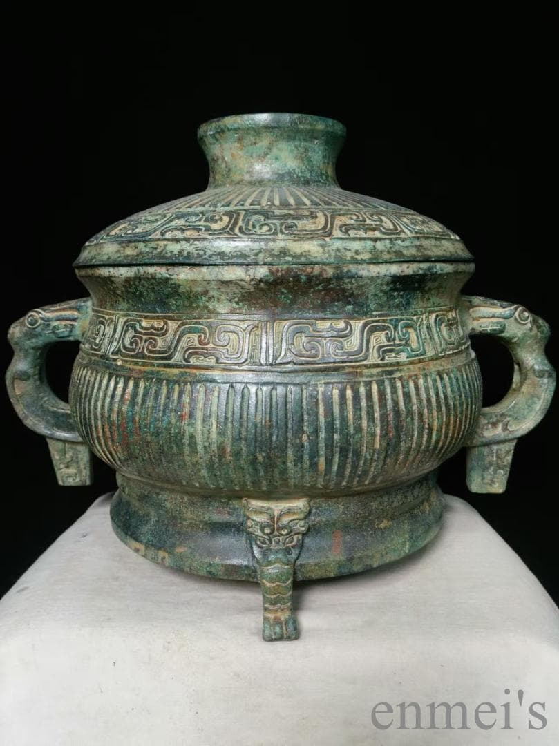 中国古美術 旧蔵 西周款 青銅器皿《銘文簋》純銅製 青銅製 蓋付き器 獣脚付き