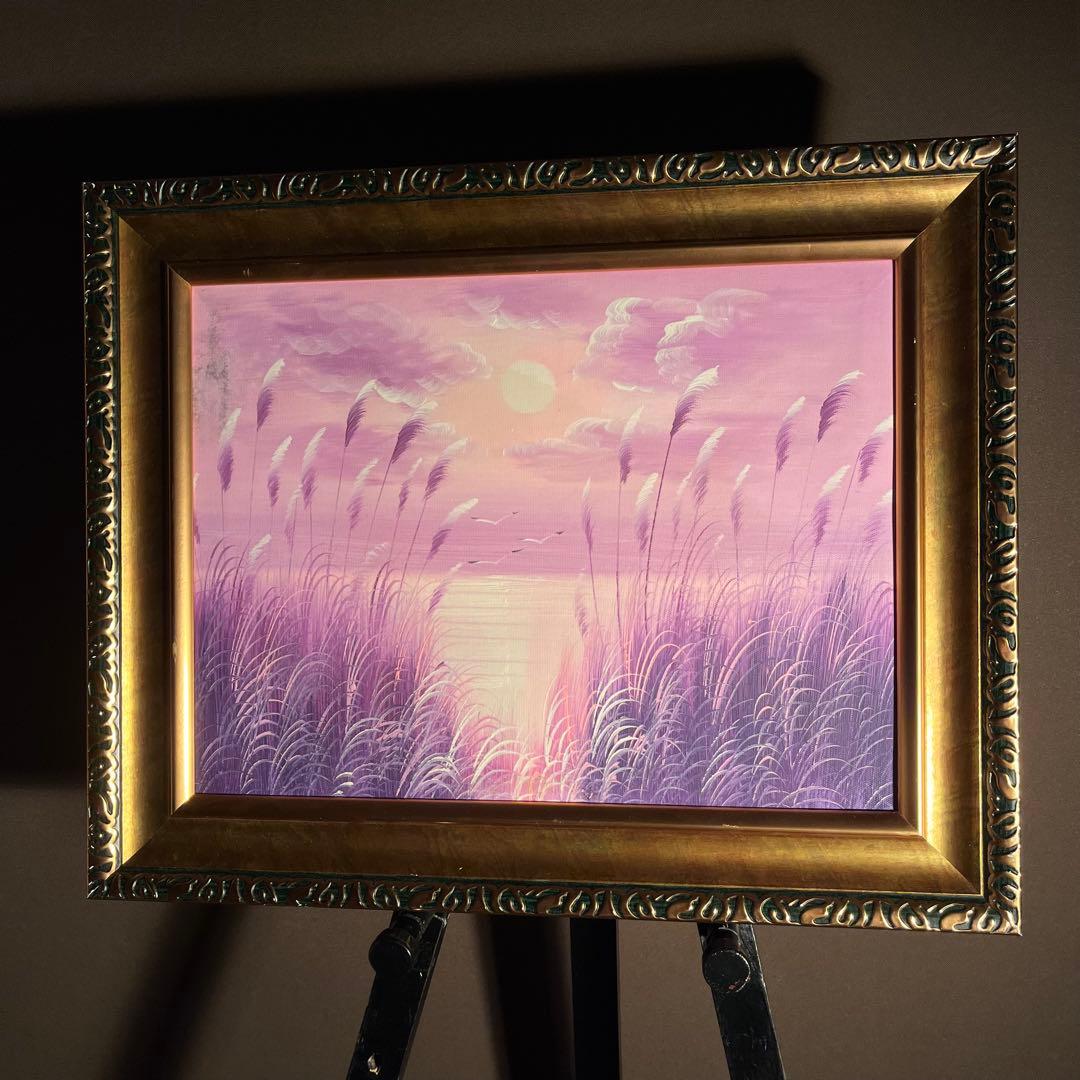 手書き油絵 湖と渡り鳥 額付き 肉筆絵画 インテリア 油彩画