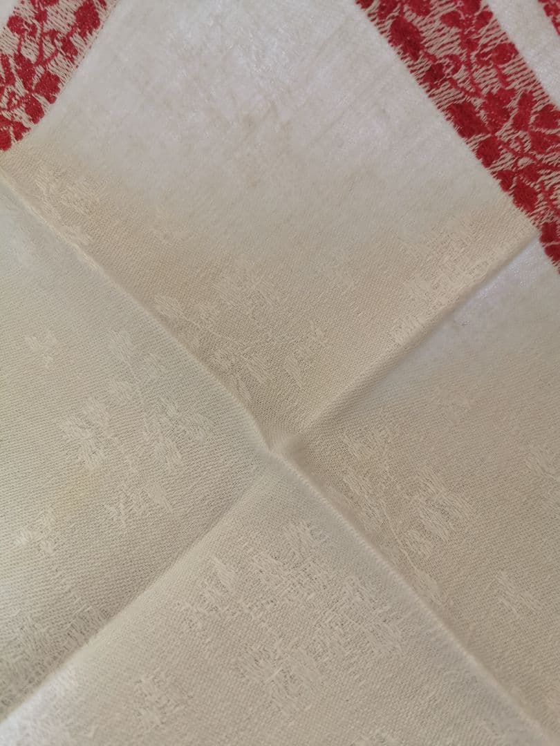 アンティーク フランス ダマスク織レッドリネンクロス 三つ葉のリーフモチーフ