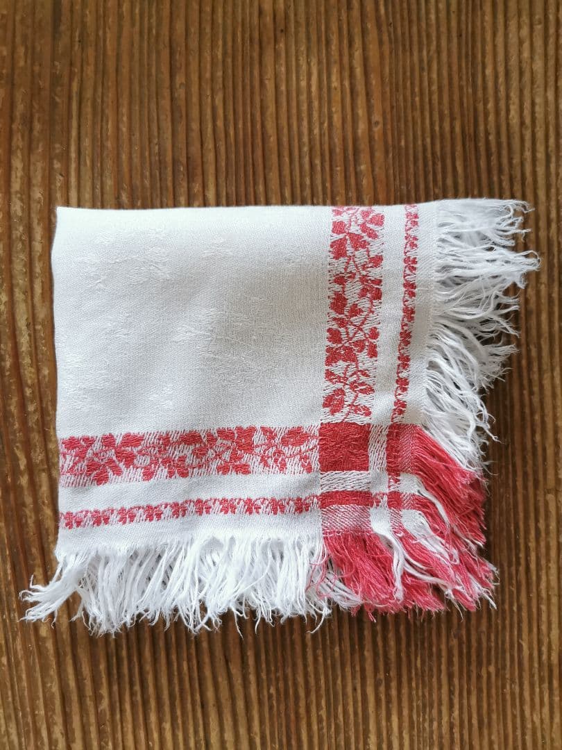 アンティーク フランス ダマスク織レッドリネンクロス 三つ葉のリーフモチーフ