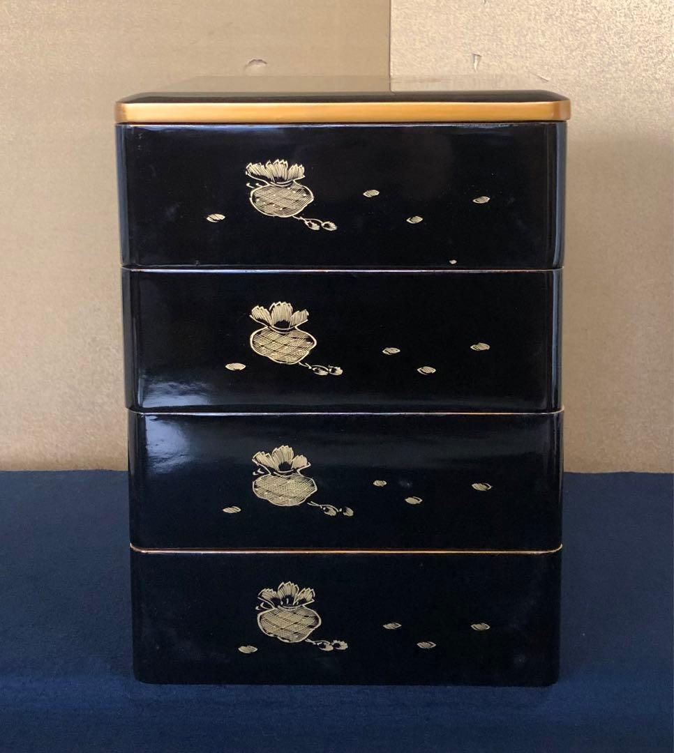 《R》黒内朱 沈金宝尽し 四段重 替蓋 重台付 木箱 251204お3