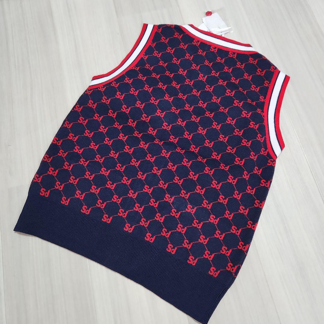 新品未使用☆sandie☆ゴルフ総ロゴニットベストスカートセットアップ紺赤上下M