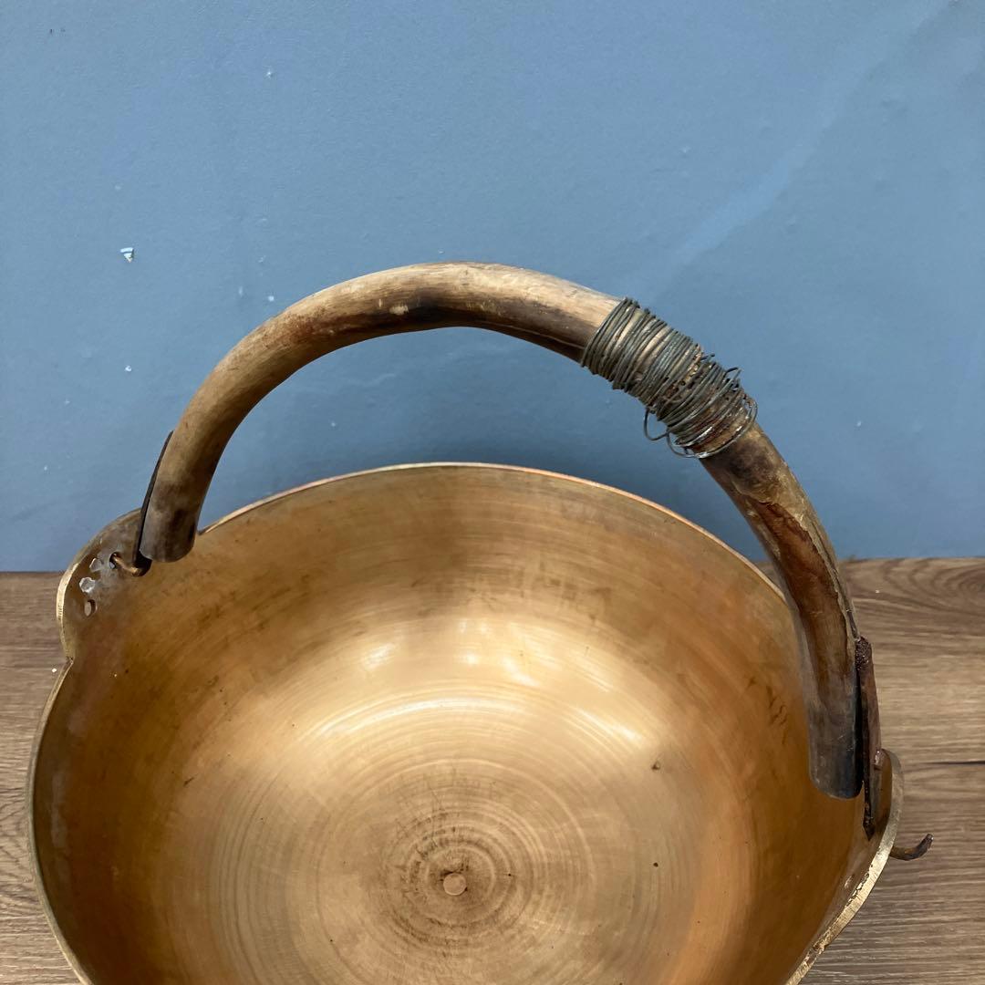 E-2 ヴィンテージ 真鍮製 持ち手付きボウル 天然木ハンドル 菓子器 古道具