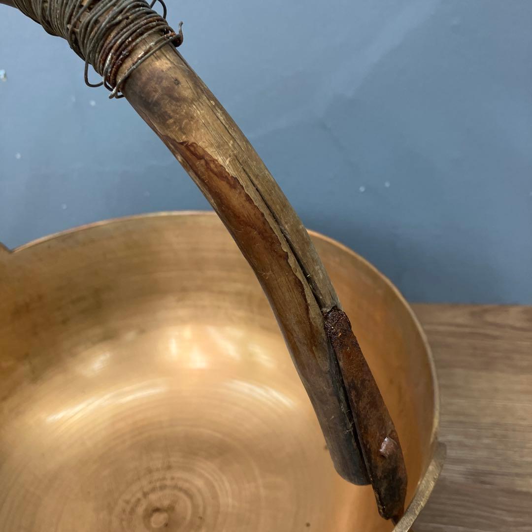 E-2 ヴィンテージ 真鍮製 持ち手付きボウル 天然木ハンドル 菓子器 古道具