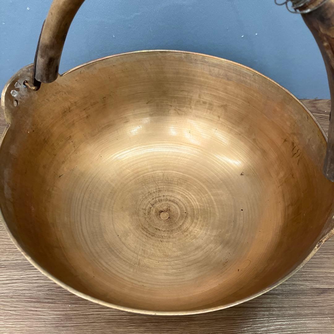 E-2 ヴィンテージ 真鍮製 持ち手付きボウル 天然木ハンドル 菓子器 古道具