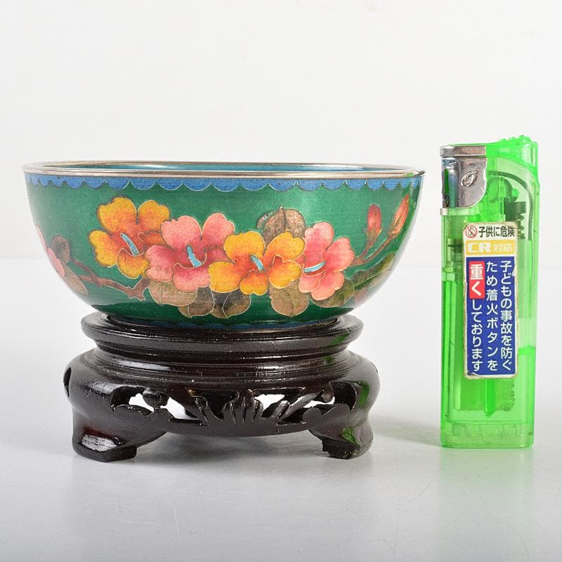 中国　古七宝　緑透釉　銀線象嵌　花蝶文　小鉢　唐木台付　M　R6842