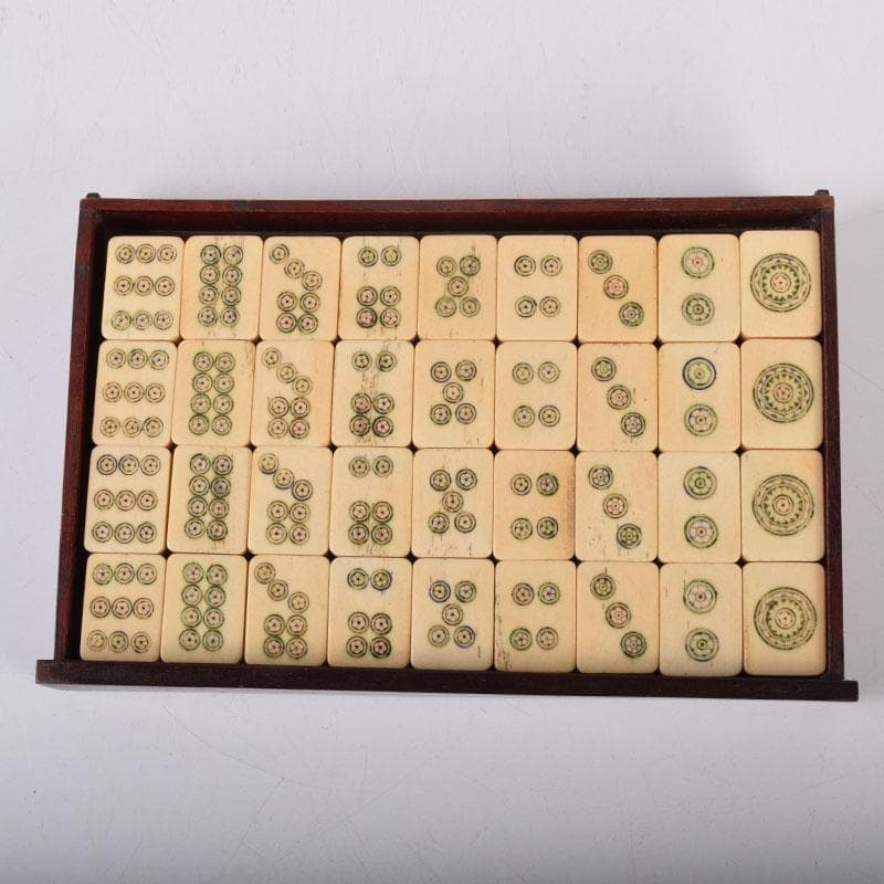 中国　竹嵌　骨牌　背竹牌　麻雀牌　唐木箱付　D　7900