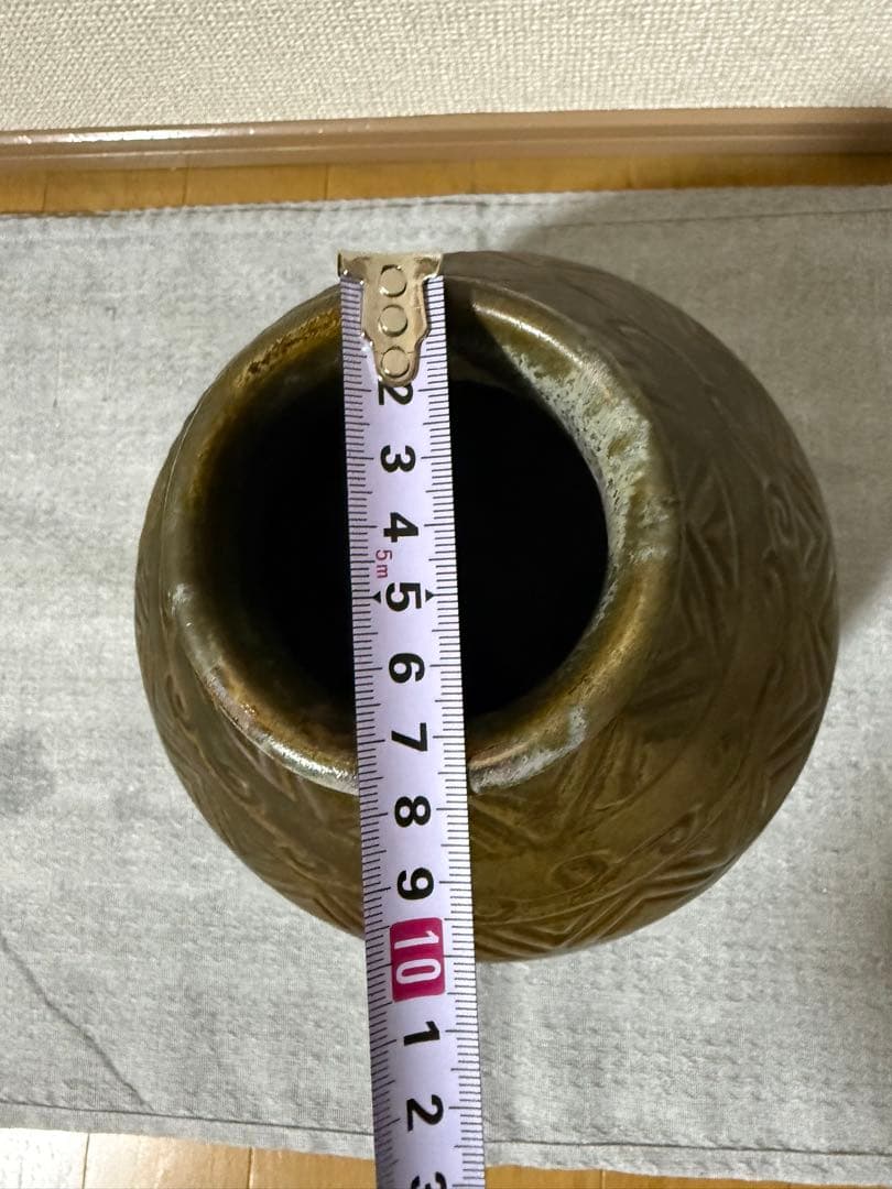 幾何学模様のダークグリーン茶色陶器花瓶 昭和レトロ アンティーク