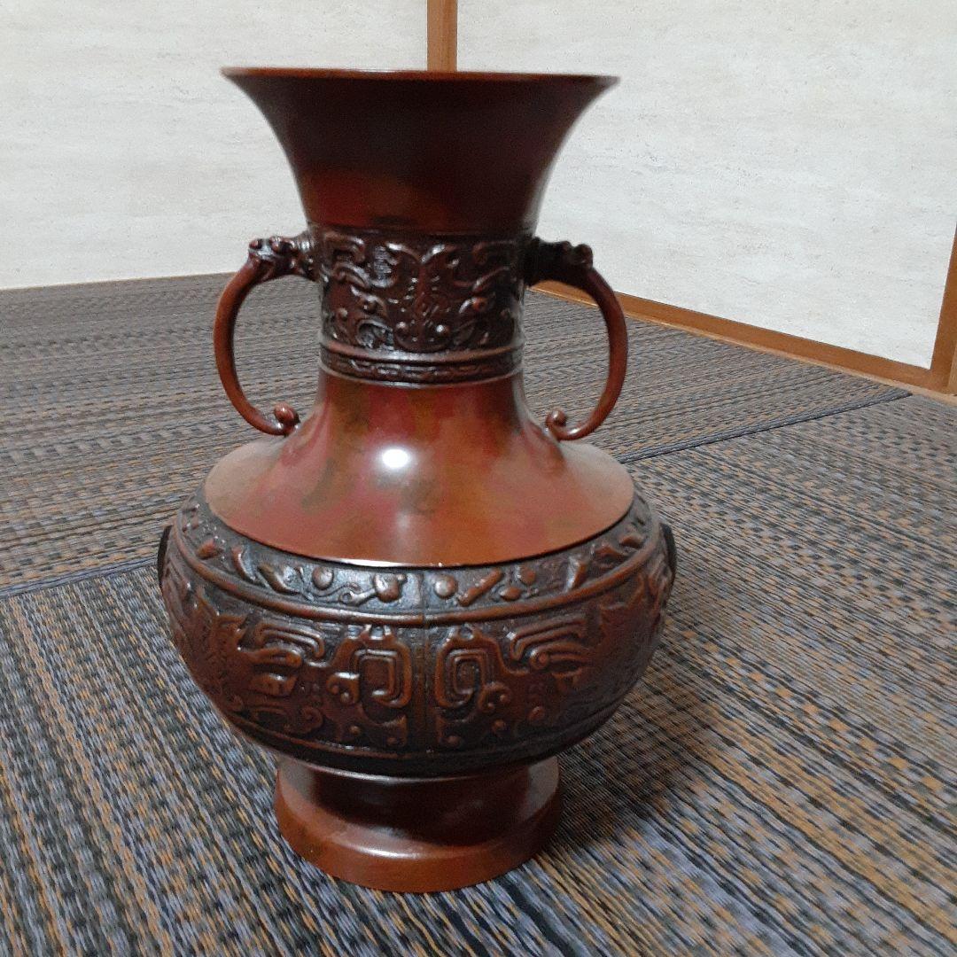 古い耳付高岡天龍銅器花瓶/茶華道活花飾/伝統工芸鋳物饕餮文様/吉祥赤銅龍泉堂在銘