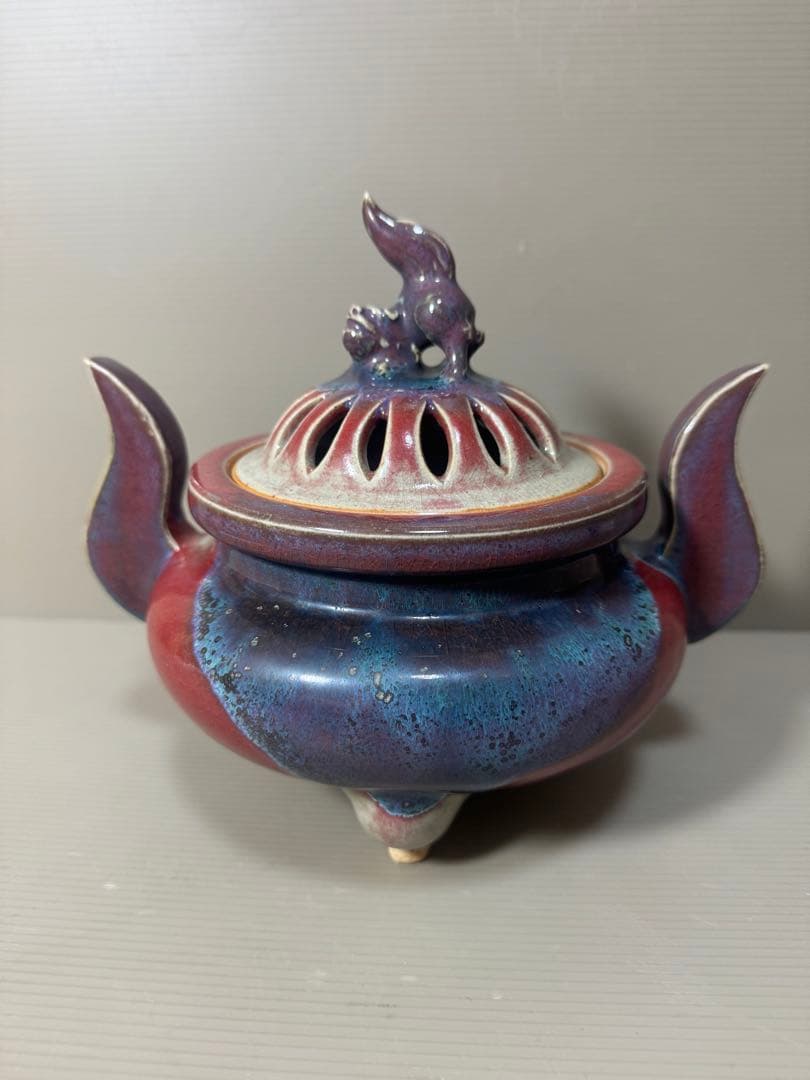 2183 香春焼 辰砂　獅子香炉