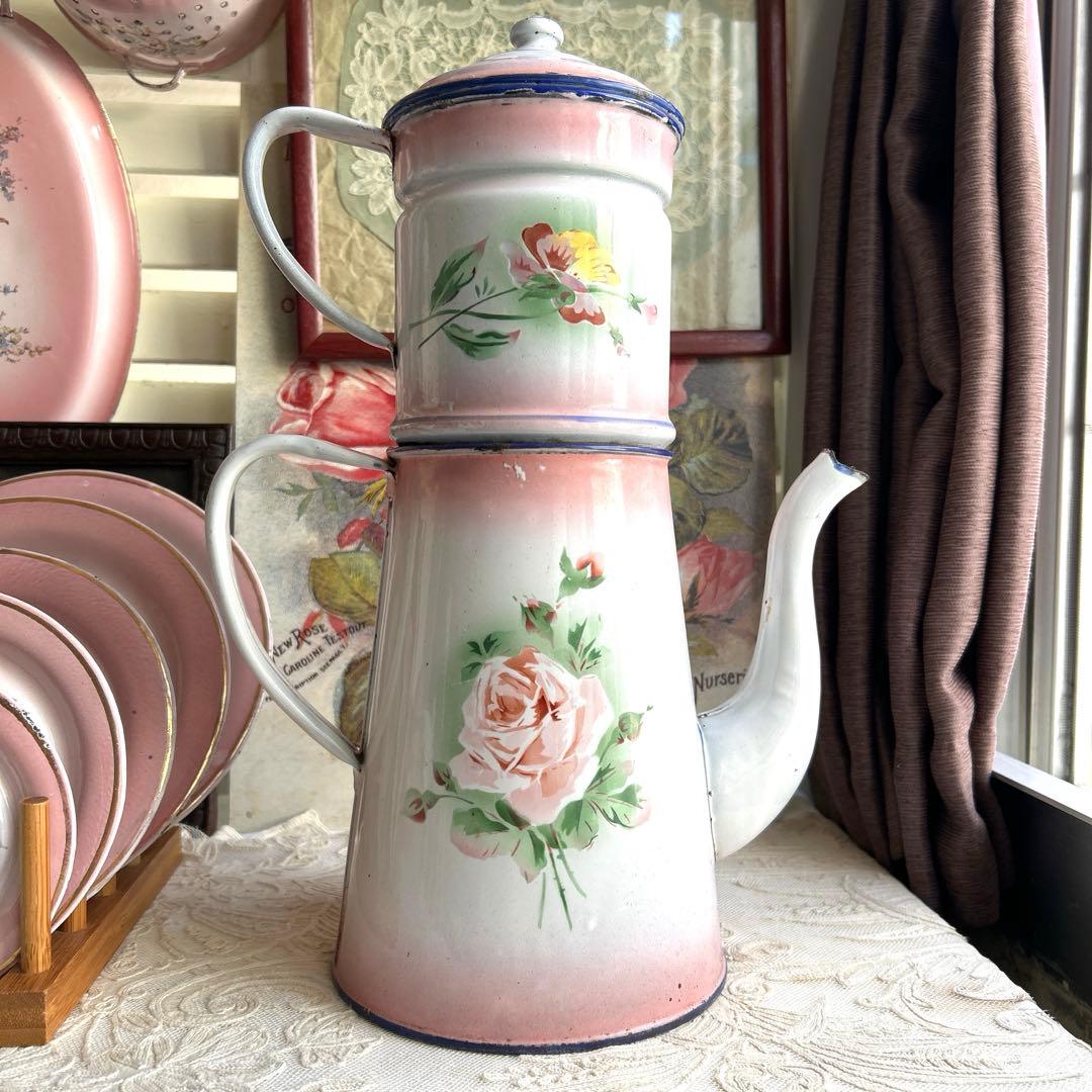 フランスアンティーク　Pink japy ホーローポット