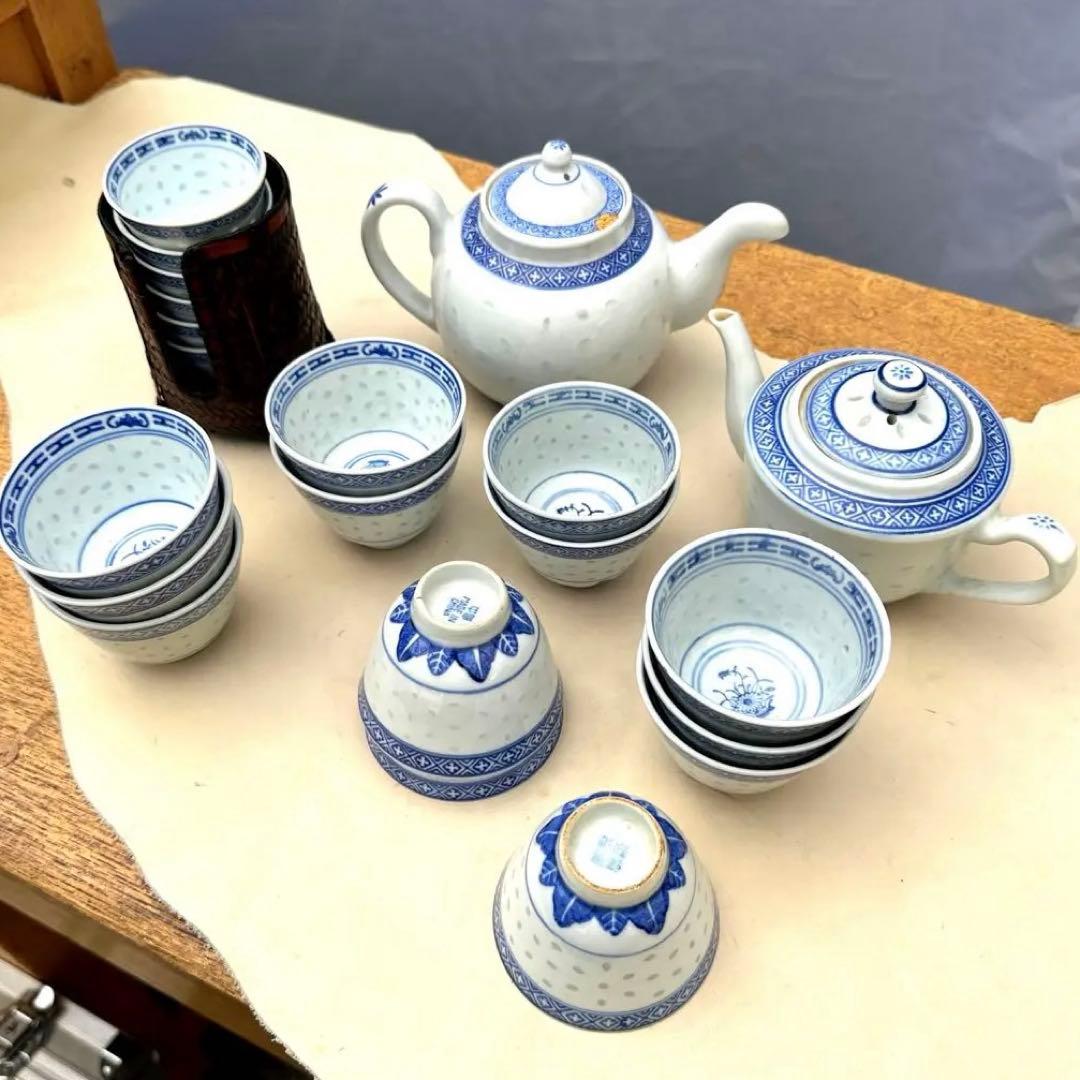 景徳鎮製大量まとめ　青花茶器セット ポット2点 湯呑19客 中国茶器 煎茶道具