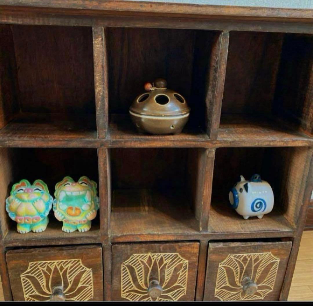 レトロアンティーク家具アジアン家具ディスプレイ棚木製家具ロータス蓮の花手彫り彫刻