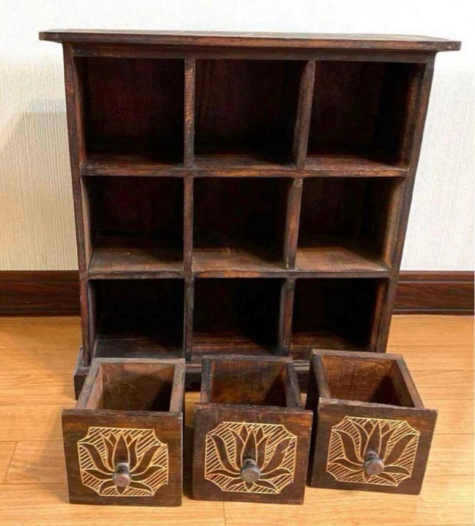 レトロアンティーク家具アジアン家具ディスプレイ棚木製家具ロータス蓮の花手彫り彫刻