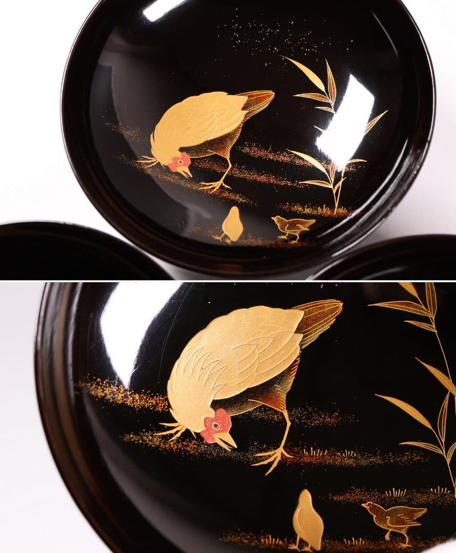 【CM353】時代蒔絵椀 竹に鶏金蒔絵 平椀三客 木製 /(検) 輪島塗加賀能登