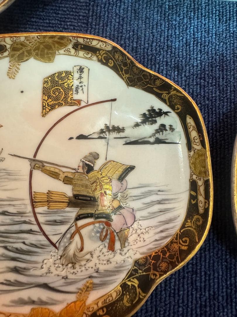 1819  明治時代　九谷焼　細密絵付人物山水図　菱形皿　5客　時代物