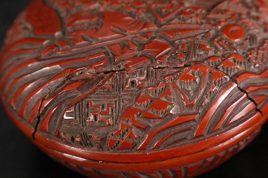 中国美術 堆朱 刻 林行唐子図 香合 蓋物 旧家蔵出