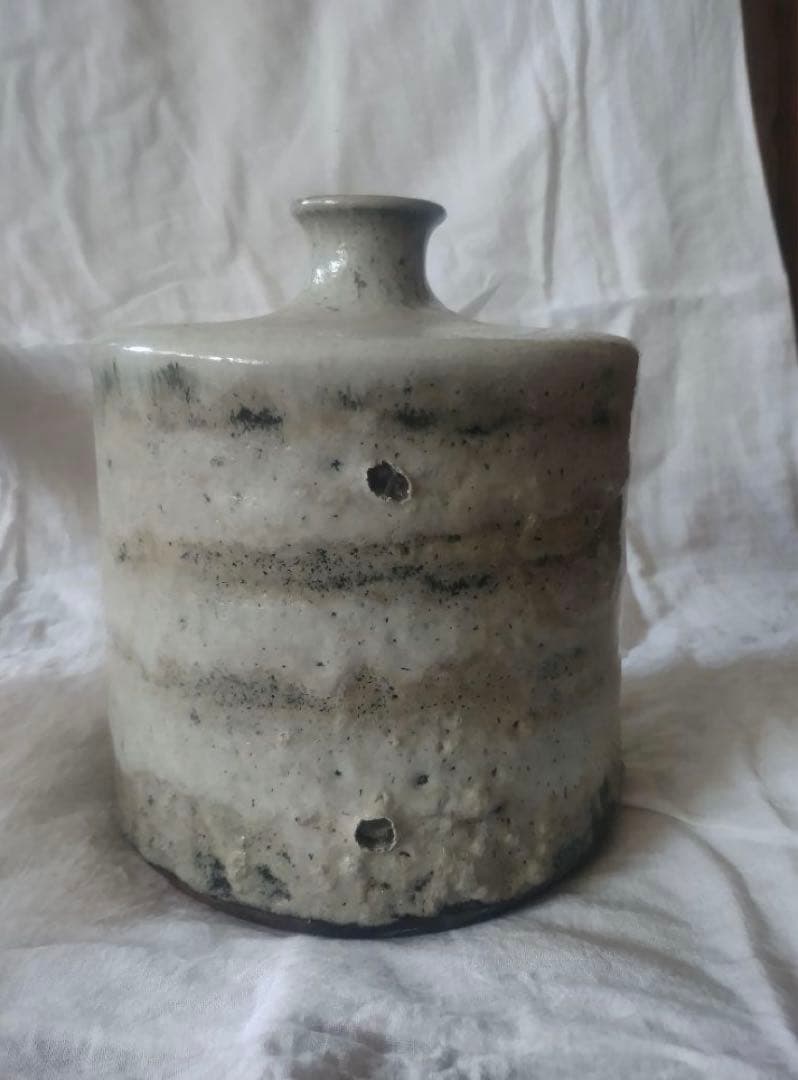 武内晴二郎　自筆　共箱あり　酒津堤窯　流描白釉花生　民藝