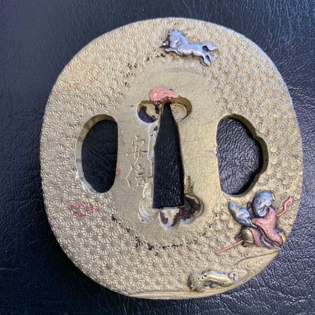 鍔　材質唐金　真鍮製　時代物　在銘　安信作