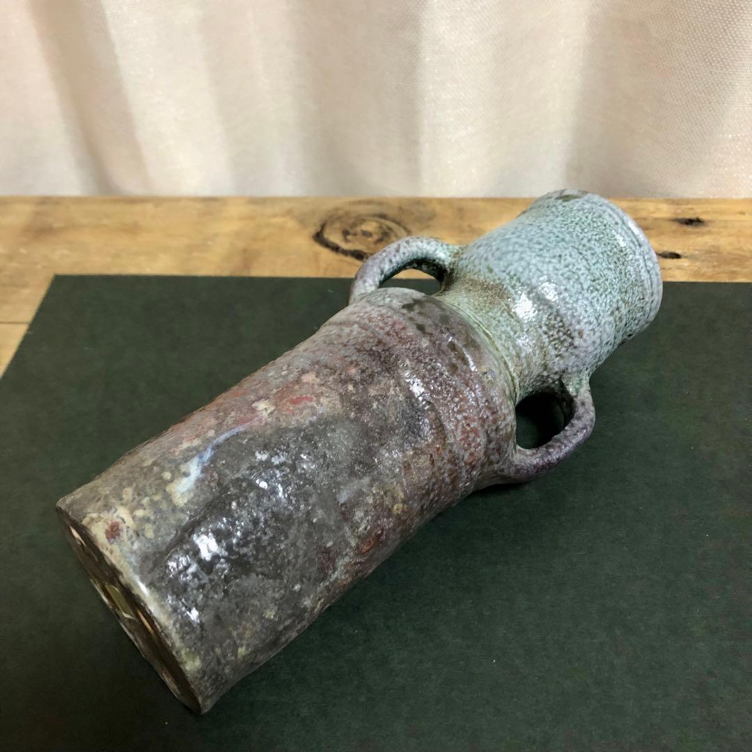 佐久知炎仙 秘色南蛮花器 茶道具 共箱 耳付花入