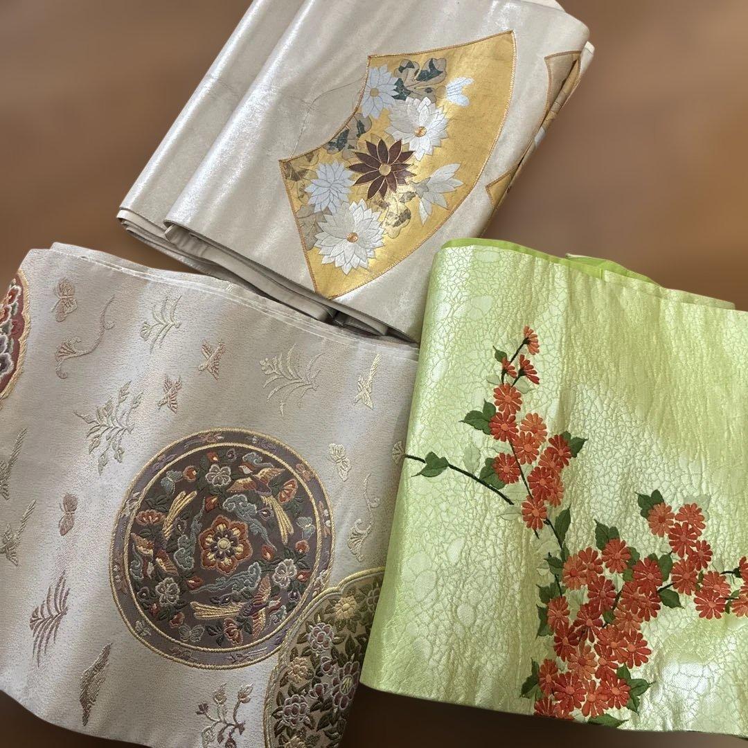 ショコラティエ 貝合わせと緑色 扇形花柄 袋帯3点