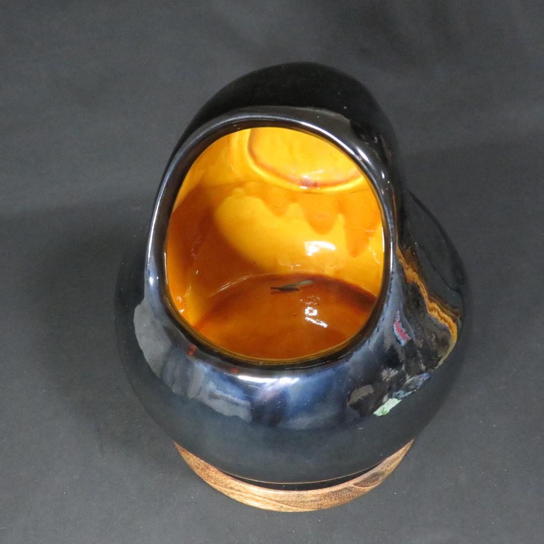 炭斗 陶器 おかめ お福 茶道具 茶器 木製台付き